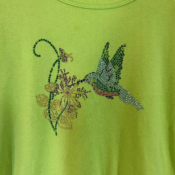 Aces Design Hummingbird Rhinestone Studded T Shirt Plus XXL Lime Green Knit Top - Picture 3 of 9